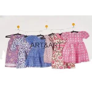 Wholesale Christmas 2-14Y Student Junior Kids Girl Summer Short Sleeve Floral Print Cotton Casual Girl Dress For Children