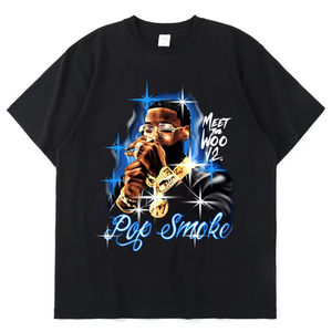 Camiseta Negra de Manga Corta con Cuello Redondo para Hombre, Pop Smoke Meet The Woo V2, Estampado Digital, Estilo Hip Hop, Corte Regular, Algodón Jersey - Product Image 1