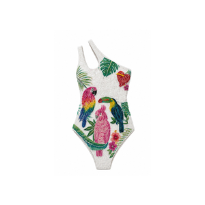 Traje de Baño de Mujer con Cuentas y Patrón de Rayas, Bordado de Pájaro Tucán, Tela de Algodón/Spandex, Conjunto de Traje de Baño de Alta Calidad - Product Image 4