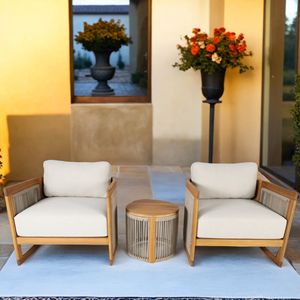 Set di Mobili da Patio in Legno di Acacia a 3 Pezzi con Cuscini Beige e Tavolino Finitura Teak per Uso Esterno - Product Image 3