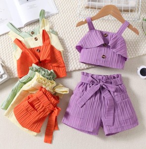 Autumn Girls Vintage Clothing Sets Kids <b>Clothes</b> Solid Colors Short Sleeve Tops+Shorts Button Fashion Girls Outfits - Product Image 2