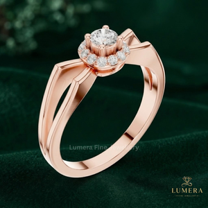 Timeless Lab Grown Round Brilliant Cut Diamond <b>Ring</b> With Sparkling Halo Setting, <b>Split</b> Plain Gold Shank Minimalist <b>Ring</b> For Her - Product Image 6