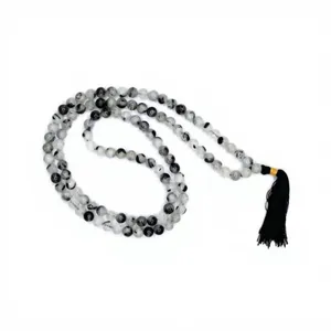 Collier Mala 108 Perles en Quartz Rutile Noir Naturel, Perles de Prière Rondes de 8mm en Pierre Gemme, Méditation Yoga, Pompon, Certifié, Vente en Gros - Product Image 2