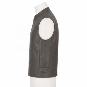 <b>Men's</b> Gray Genuine Leather Windproof <b>Vest</b> Stand Collar Zipper Front Moto Biker <b>Waistcoat</b> for Winter - Product Image 5