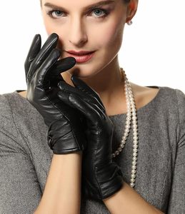 Womens fashion Leather <b>Gloves</b> Wool Fleece Lining with Crossing Bow - Product Image 3