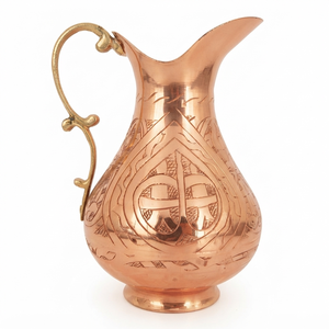 Pichet à eau en cuivre gravé vintage fait main avec poignée en laiton ornée, récipient à eau en cuivre pur, vaisselle - Product Image 1