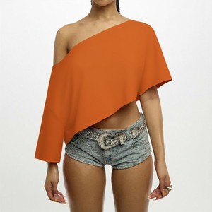 Premium Quality Women's <b>One</b> Shoulder Crop <b>Top</b> Orange Chiffon Hem Long Sleeve Loose Fit Spring Summer Style Slant Shoulder <b>Tops</b> - Product Image 1