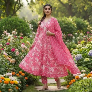 Conjunto de Kurta Anarkali con Estampado Floral Rosa para Mujer, Vestido con Cuello en V y Falda Acampanada con Dupatta, Traje Tradicional Étnico para Fiestas - Product Image 5