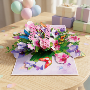 Carte de vœux 3D pop-up orchidée Viet-craft Joyeux Anniversaire avec papillons et fleurs, écologique et personnalisable pour les fêtes - Product Image 5