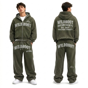 Ensemble de survêtement streetwear pour homme avec strass, sweat à capuche zippé en coton et pantalon de jogging à jambes larges, qualité supérieure - Product Image 1