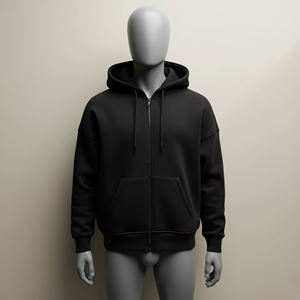 Black Full Zip <b>Hoodie</b> Oversized Zip Up Hooded Sweatshirt Heavyweight Fleece <b>Hoodie</b> <b>Plain</b> Blank <b>Hoodie</b> Casual Streetwear Custom - Product Image 2