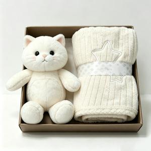 customized white cat plush and knitted blanket <b>gift</b> set, <b>boxed</b> newborn kitten stuffed toy <b>hamper</b>, cream‑tone baby shower plush - Product Image 2