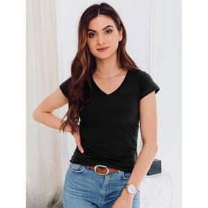 <b>Women</b> V Neck Short Sleeve Solid Color Knitted Jersey T <b>Shirt</b> Slim Fit Casual Spring Summer <b>Black</b> 100% Cotton Breathable - Product Image 1