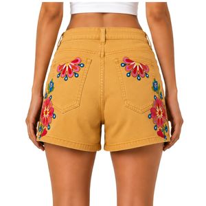 Womens Mustard Yellow Floral Printed Denim <b>Shorts</b> <b>High</b> <b>Waist</b> Casual Summer <b>Jean</b> <b>Shorts</b> Custom Embroidered Fashion OEM Manufactur - Product Image 2