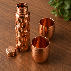 Royal Wave Dimple Copper Bottle With Hammered Glasses Portable Travel Drinkware Traditional Design - Product Image 1
