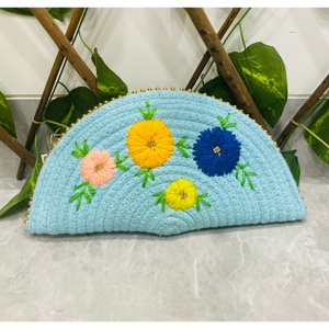 Handcrafted Jute Half Moon Clutch Bag Embroidered Floral Design <b>Red</b> Gold Womens Evening Party <b>Purse</b> Natural Fiber Handbag - Product Image 5