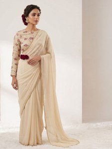 Sari en soie crème Rangoli avec perles et broderies Katdana, chemisier imprimé floral, tenue élégante pour les fêtes, pour femmes. - Product Image 1