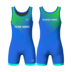 Vente en gros de maillots de lutte unisexes d'été de haute qualité, imprimés par transfert thermique, ajustés, anti-transpiration, dégradé bleu-vert - Product Image 3