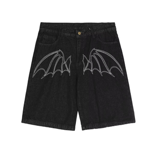 Men’s Black Denim Shorts Wing Stitch Design Loose Fit Knee Length Baggy Jean Shorts Casual Streetwear Summer Fashion - Product Image 1