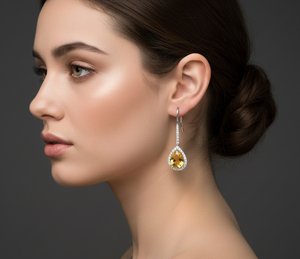 Boucles d'oreilles pendantes de luxe en argent 925 pour femme avec pierres précieuses en citrine et moissanite taille brillant, sertissage griffe, forme végétale - Cadeau idéal - Product Image 4