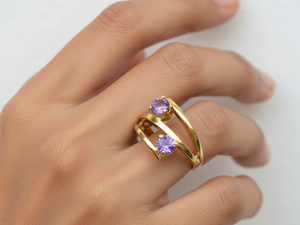 Rose <b>Gold</b> Plated Brass Amethyst <b>Cocktail</b> <b>Ring</b> with Single Natural Round Stone for Women - Product Image 2