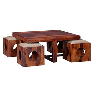Table basse carrée en teck artisanal avec 4 tabourets, petite table centrale en bois marron pour salon, entrée, dressing, décoration - Product Image 2