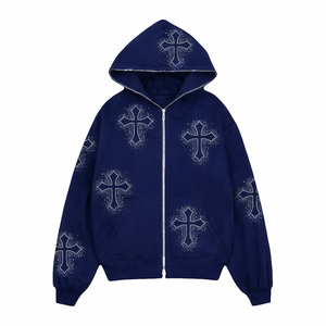 Custom 2026 Men And Women <b>Rhinestone</b> Cross Zip Hoodie Streetwear Graphic Hooded Sweatshirt Casual Full Zip <b>Jacket</b> - Product Image 2