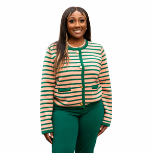 Cardigan en tricot rayé pour femme, manches longues, boutons sur le devant, col rond, style classique, pull vert pêche contrasté - Product Image 1