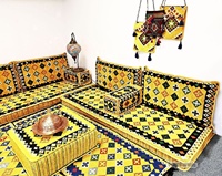 Ensemble de coussins de sol orientaux arabes pour deux personnes, motif Qatar, couleur moutarde, avec garnissage en mousse de densité 22