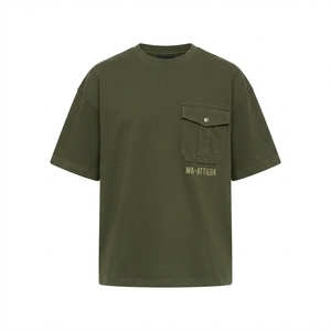 Camiseta Verde Oliva para Hombre, Estilo Utilitario, Cuello Redondo, Manga Corta, Casual, Streetwear, Algodón, con Bolsillo - Product Image 3