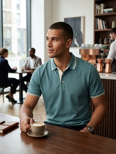 TESSUTO Men's Knitted Jersey <b>Polo</b> <b>Shirt</b> 100% Cotton Black Geometric Jacquard Short Sleeve Tipped Collar Smart Casual - Product Image 5