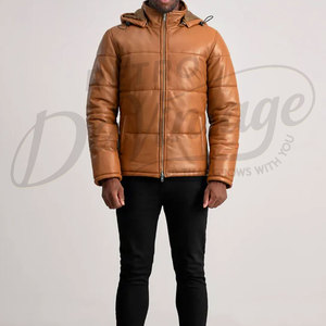 Premium Men's Brown Puffer <b>Leather</b> <b>Jacket</b> with Removable Hood Warm Quilted Winter Coat Windproof Outdoor Casual Outerwear - Product Image 4