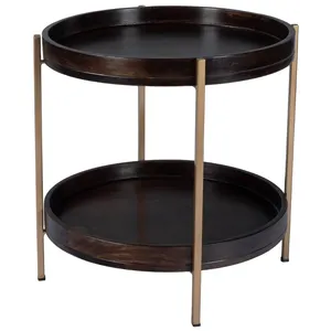 Modern Round Wooden Side <b>Table</b> with Gold Metal Frame Two-Tier Design for Living Room Indoor Furniture Decoration - Product Image 1