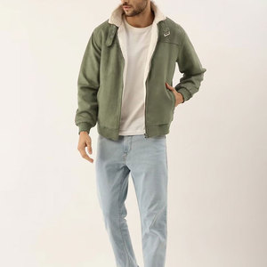 <b>Men's</b> Olive Green <b>Suede</b> Bomber <b>Jacket</b> With Sherpa Lining Zipper Closure Casual Winter Wear Regular Fit Turn-down Collar - Product Image 1