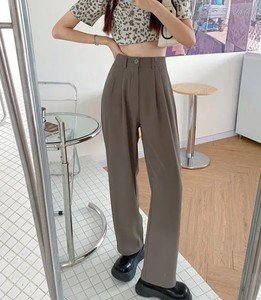 Pantalon taille haute pour femme, couleur unie, coupe droite décontractée, jambe large, printemps-automne - Product Image 2