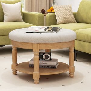 29-Inch Large Round Tufted Footrest Ottoman 2-Tier Coffee <b>Table</b> <b>with</b> Flip-Up Top Upholstered <b>Stools</b> & Ottomans - Product Image 2