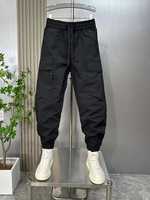 Pantalon de survêtement cargo noir uni pour homme, taille élastique avec cordon de serrage, coupe décontractée, plusieurs poches, décontracté, automne, poids moyen, polyester