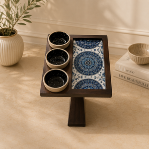 Elegant Wooden Tray with 3 Ceramic Bowls and Blue Mandala Design Perfect for Serving Snacks or Stylish <b>Table</b> Display - Product Image 1