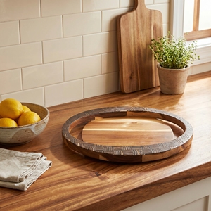 Food Grade Teak Wood Round Tray Dark Coconut <b>Shell</b> Inlay Weaving Motif <b>Light</b> Brown Forty Centimeters For Home Table Decor Pieces - Product Image 4