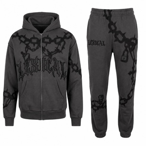 Ensemble sweat à capuche et jogging polaire zippé pour homme Lexical, imprimé chaîne noire, style hip-hop, coupe régulière, pour l'automne - Product Image 1
