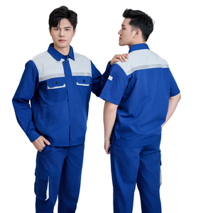ชุดทำงานแบบมองเห็นได้ชัดเจน ผลิตจากผ้าโพลีเอสเตอร์ผสมฝ้าย ระบายอากาศได้ดี สวมใส่สบาย ทนทาน FMF สำหรับผู้ชาย สีน้ำเงินเทา แขนสั้น ปลอดภัย - Product Image 4