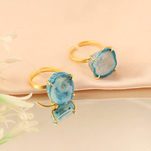 Natural Blue Agate Druzy Gemstone <b>Adjustable</b> <b>Rings</b> 18k Gold Plated Brass Trendy Unique Style Women Fashion Jewelry Gift Her - Product Image 4