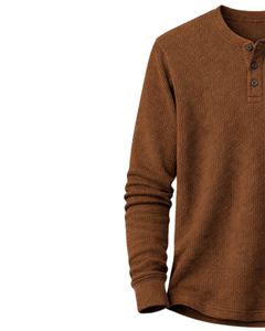 เสื้อยืดแขนยาวผู้ชายแบบเฮนลีย์ ผ้าวาฟเฟิล สีน้ำตาล สวมใส่สบาย คอติดกระดุม เหมาะสำหรับฤดูหนาว ผ้าฝ้ายทรงเข้ารูป ระบายอากาศได้ดี - Product Image 3