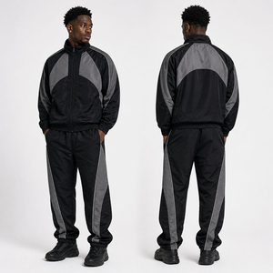 Survêtement unisexe en nylon avec empiècements, noir et gris, coupe-vent sportif à manches longues avec fermeture éclair et poches latérales, idéal pour l'été - Product Image 3
