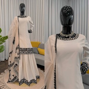 Ivory White Salwar Kameez Suit Set Natural Crape Thread Embroidery Work <b>Top</b> and Pant With Organza Silk Thread With Lace Dupatta - Product Image 3
