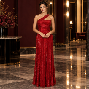 Vestido de Noche Rojo Rubí con Lentejuelas y un Solo Hombro Descubierto |   Vestido Asimétrico Largo hasta el Suelo con Corte en A y Cintura Ajustada para Eventos y Fiestas - Product Image 2
