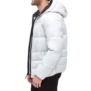 Men's <b>Hooded</b> Puffer Jacket Light Gray Windproof Quilted Winter <b>Coat</b> Casual Slim Fit Zipper Closure Solid Color Polyester - Product Image 2