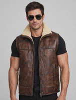 Gilet en cuir marron vintage pour homme, en peau de mouton, chaud pour l'hiver, veste sans manches de motard, blouson aviateur