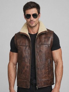 <b>Mens</b> Vintage Brown Leather Shearling Vest <b>Sheepskin</b> Winter Warm Fur <b>Gilet</b> Motorcycle Biker Jacket Sleeveless Pilot Bomber Coat - Product Image 3