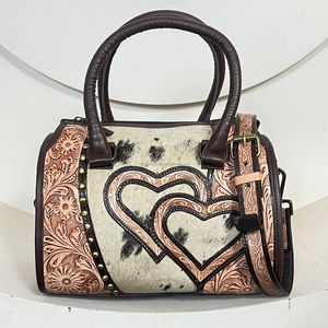 Bolsa de Viaje Grande de Cuero Vacuno Hecha a Mano con Diseño de Corazón, Bolso de Mano Vintage con Estampado Floral, Estilo Speedy, Unisex - Product Image 3